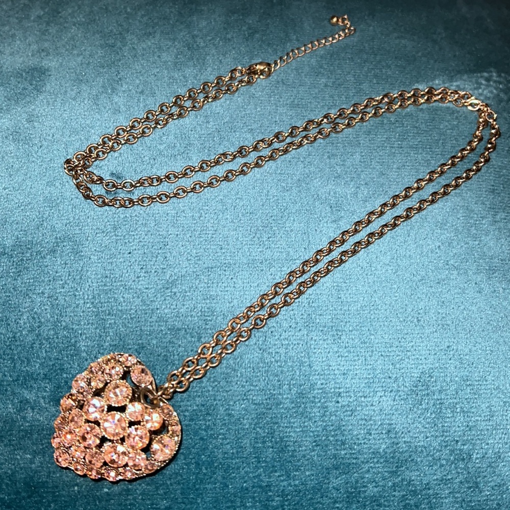Champagne Colored Rhinestone Heart Pendant Long Chain - Picture 2 of 6